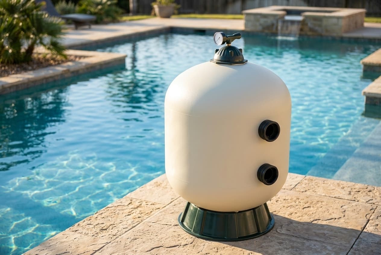 A large rounded cream sand filter tank on a dark flared base beside a pool, a dark ribbed closure on top with a small pressure gauge and air bleeder, and two black threaded ports one above the other on its side