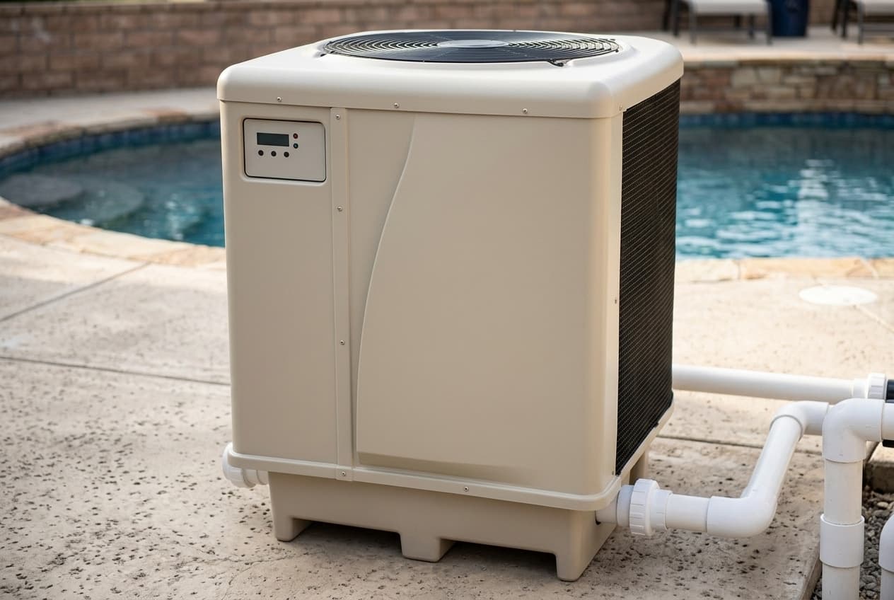 An almond square pool heat pump on a concrete pad beside a pool, a round black fan guard in its raised top, dark coil mesh down its side, a small control panel at the upper left of the front and white PVC plumbing at its base
