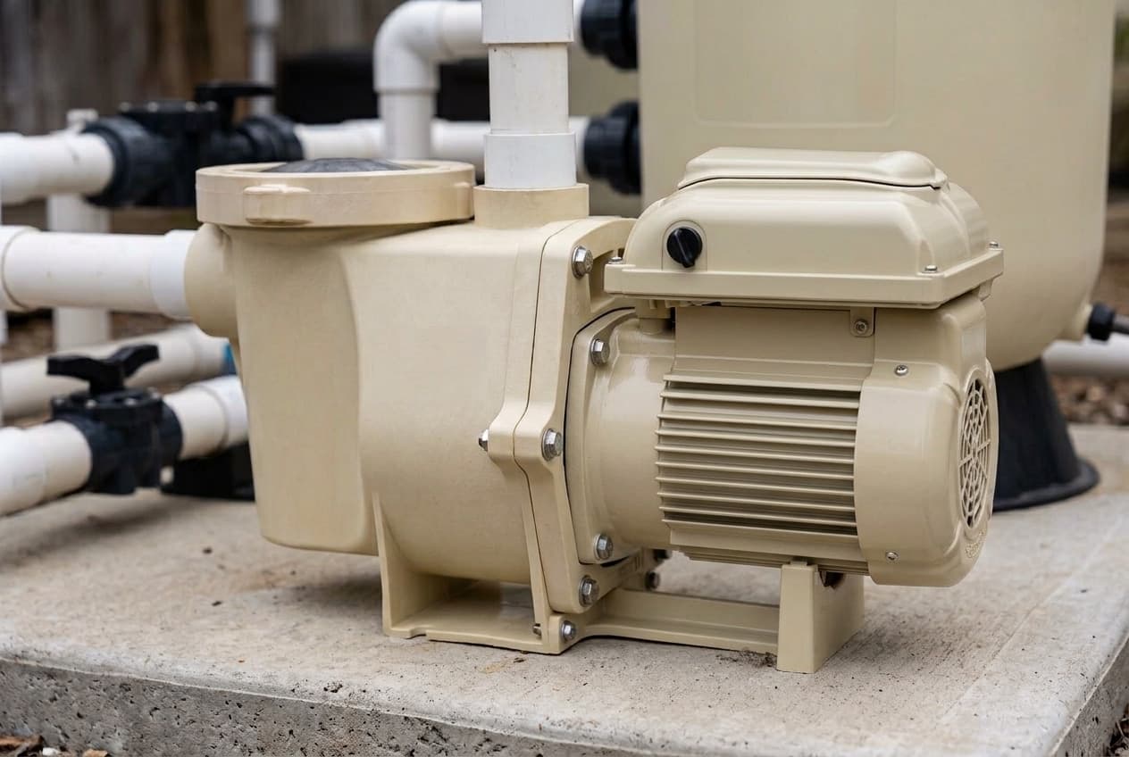 An almond pool pump on a concrete equipment pad, a round lid on the strainer pot at the front, a finned motor behind it under a smooth housing with a control knob, and white PVC running past it to a filter tank