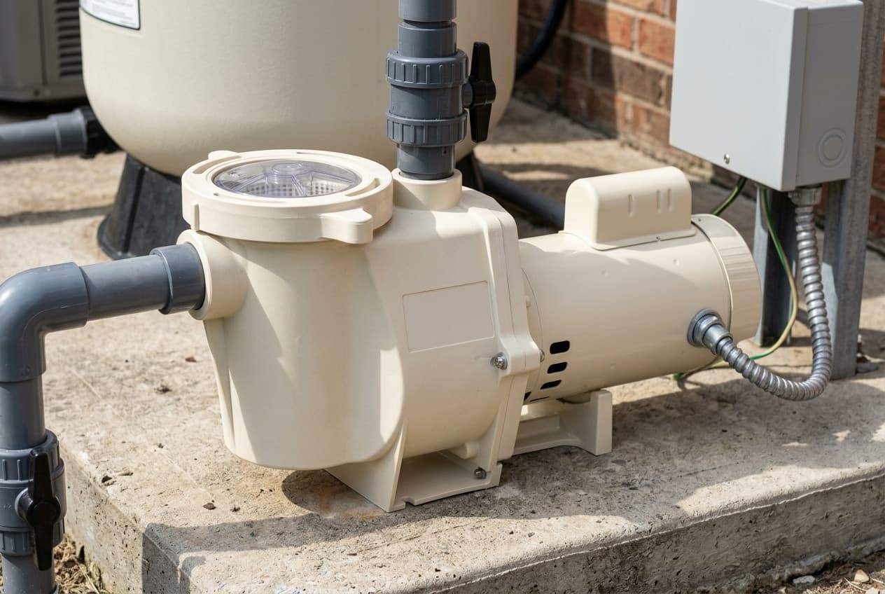 An almond pool pump on a concrete equipment pad, its round clear strainer lid facing up, plumbed in gray PVC to a filter tank with an electrical disconnect box on the wall behind