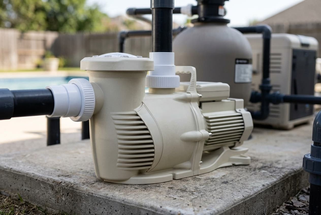 A large cream pool pump on a concrete equipment pad, a tall strainer pot with a domed lid at the front, a white union nut joining black pipe at the suction side and another on the discharge rising from the top, deep cooling ribs along the body and a finned motor with a carry handle behind, with a filter tank and heater out of focus beyond