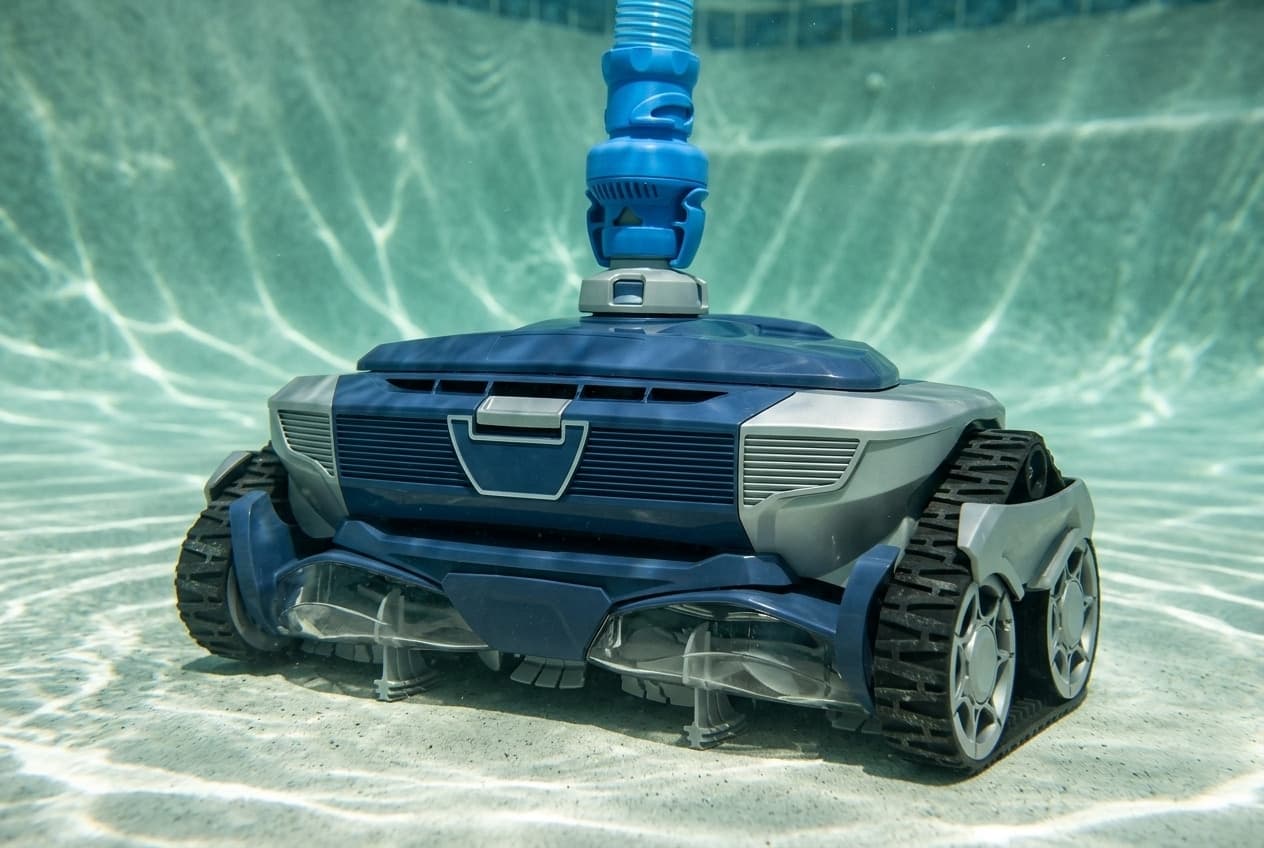 A suction-side pool cleaner on the floor of a pool, a wide low navy-blue body with silver-gray side panels over black rubber tracks and silver wheels, clear housings over gray scrubbing fins at the front, and a light blue flow valve and ribbed hose rising from a gray swivel on top