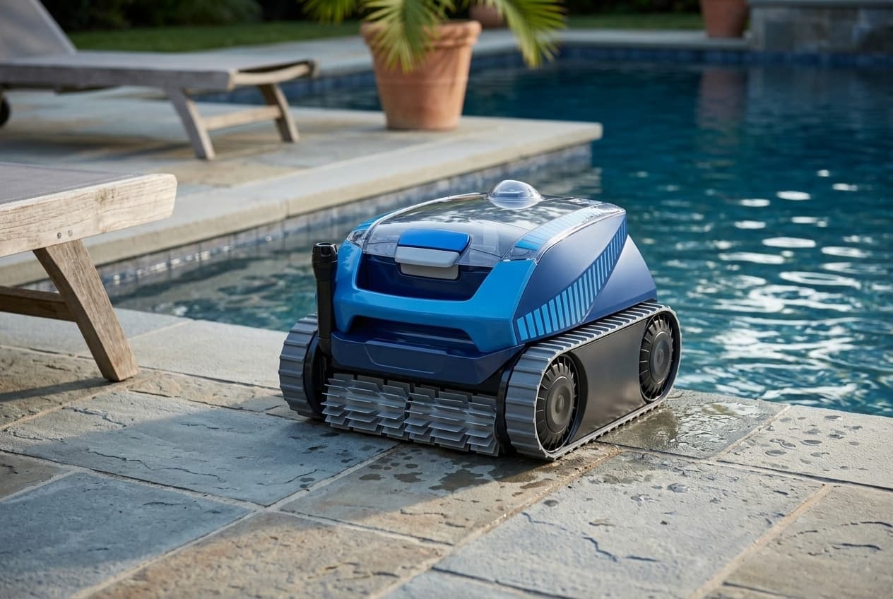 A two-tone blue cordless robotic pool cleaner sitting on stone coping at the edge of a pool, running on gray rubber tracks, a transparent canister lid with a gray carry handle on top and a short black antenna at the front corner
