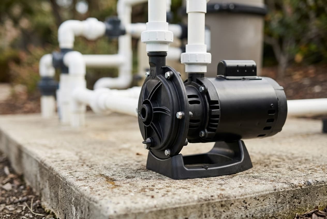 A small black booster pump on a concrete equipment pad, its ribbed volute face at the front, a finned motor behind it with a junction box on top, mounted on a molded base, with narrow white PVC rising from each port