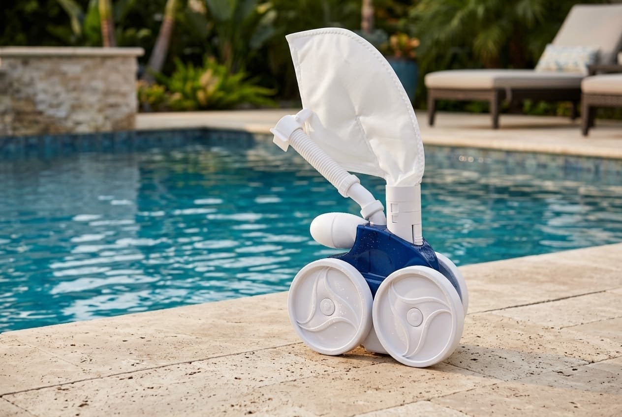 A blue and white pressure-side pool cleaner standing on stone coping at the edge of a pool, two large white wheels on the near side and a third behind, a white cloth debris bag standing up from its back and a ribbed feed hose curving away from the top