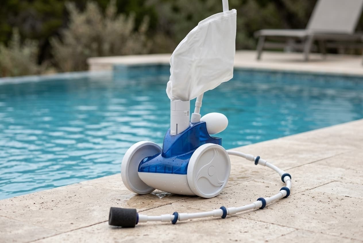 A blue and white pressure-side pool cleaner on stone coping beside a pool, two large white wheels on the near side and a third behind, a white mesh debris bag standing up from its back, and a sweep hose curling away across the stone with dark wear rings along it and a black scrubber on the end