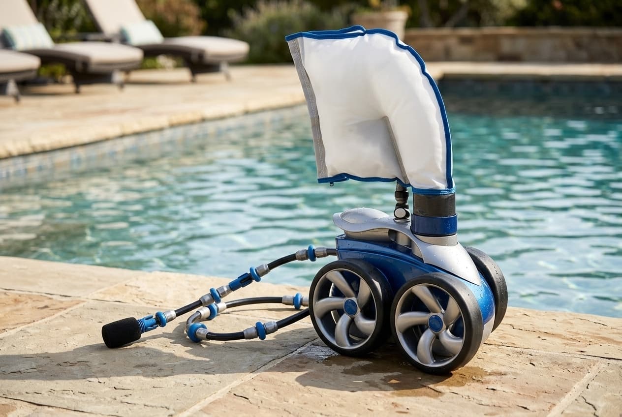 A blue and silver pressure-side pool cleaner on stone coping at the water's edge, two wheels on the near side and one on the far side, a white zippered debris bag standing up from its back, and the sweep hose curling away in front with its wear rings and dark scrubber tip