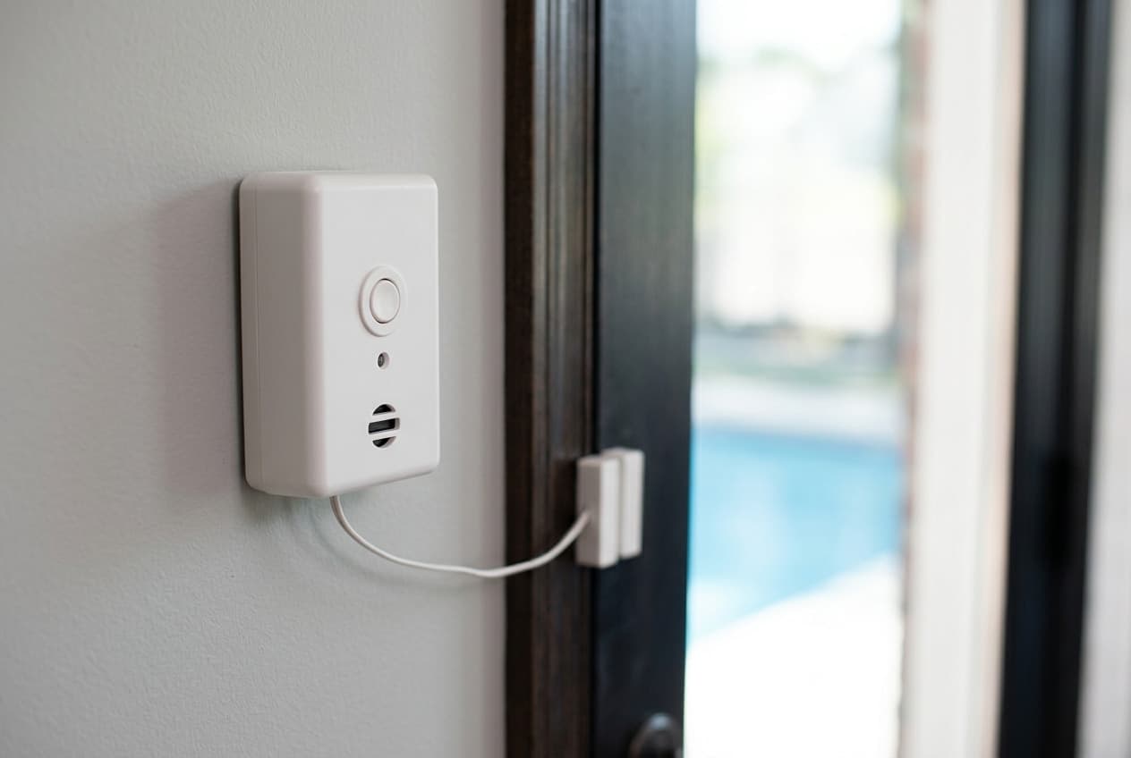 A small white door alarm with a round push button, indicator light and horn grille mounted on a gray wall, wired to a white contact sensor on a dark door frame, a pool visible through the door glass
