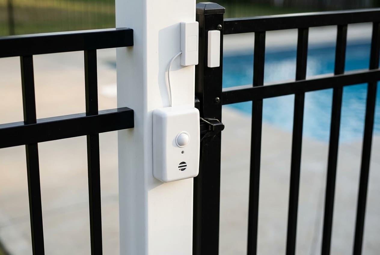 A small white gate alarm with a round push button, indicator light and horn grille on a white fence post, wired to a sensor near the top of the post beside its magnet on a black metal gate, a pool beyond
