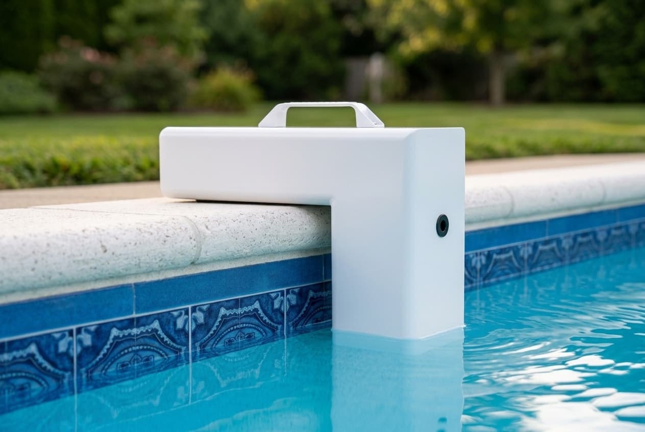 A white plastic pool alarm shaped like an upside-down L resting on the stone coping of an in-ground pool, a carry handle on top and its leg dropping past the blue tile into the water