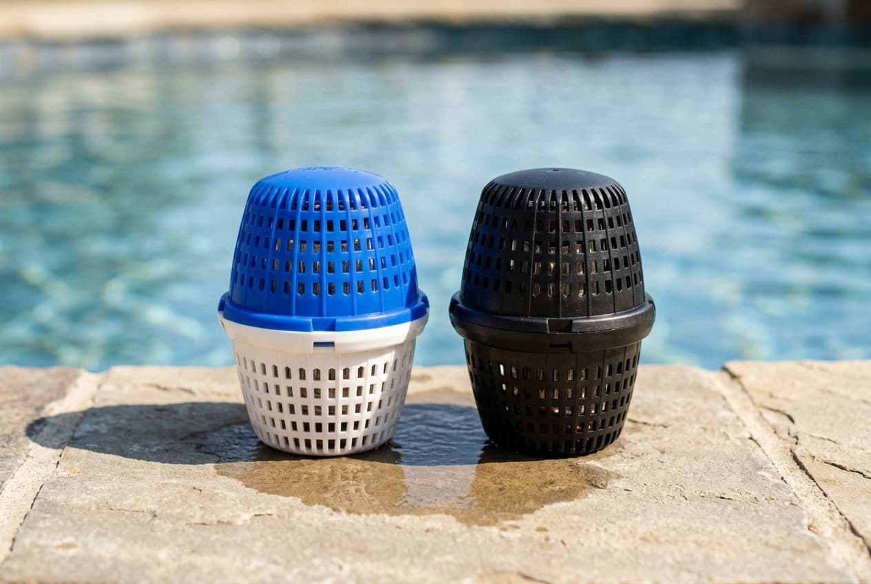 Two barrel-shaped slotted plastic mineral cartridges standing on wet stone coping beside a pool, one with a blue top half and a white bottom half, the other all black, each with a raised collar around its middle