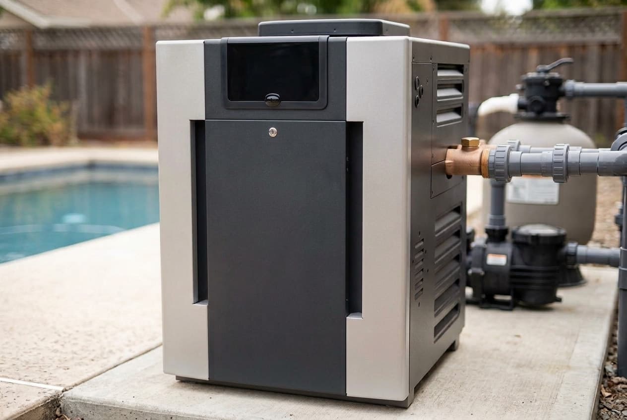 A Raypak Digital gas pool heater on a concrete pad beside a pool, warm gray side panels either side of a charcoal front door, a hinged cover over the control panel at the top, and a brass-colored fitting and gray unions running to the pump and sand filter beside it