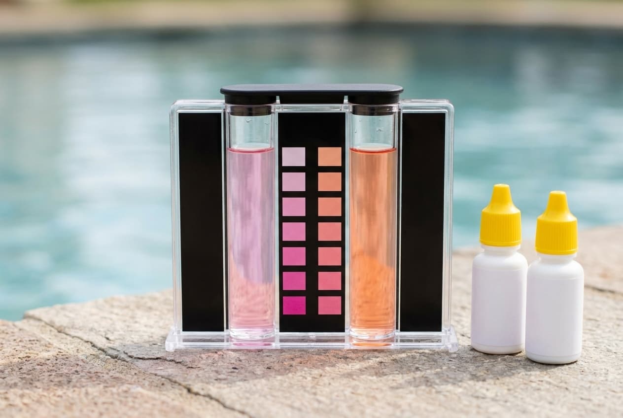 A clear pool test comparator on stone coping by a pool, a pink water sample in one tube and an orange-pink sample in the other, columns of pink and orange color blocks between them, and two white dropper bottles with yellow caps beside it