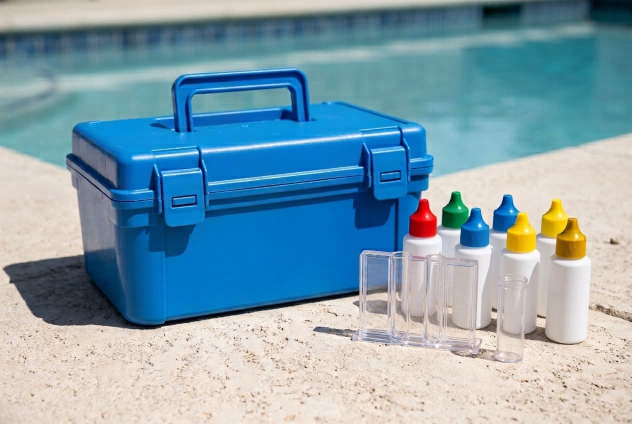 A closed bright blue plastic test kit case with a carry handle and two latches on a sunny pool deck, white dropper bottles with red, green, blue and yellow caps standing beside it with a clear comparator block and a sample tube