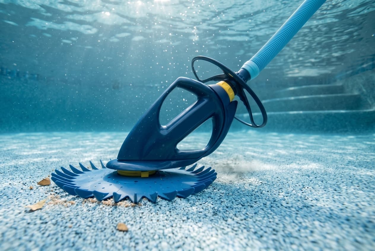 A navy-blue Zodiac Baracuda G3 suction cleaner on the pebble floor of a pool, its finned disc spread flat around the base, a yellow collar and a round wheel deflector below the light-blue hose, and pool steps behind it