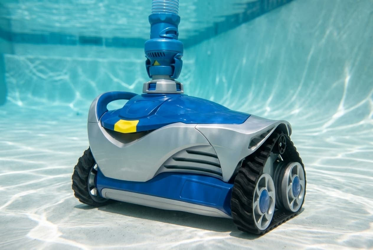 A compact tracked suction pool cleaner on a pool floor, a rounded blue top with a yellow tab over silver-gray side panels, black treaded tracks around silver wheels with blue centers, and a blue flow regulator valve and light-blue hose on top