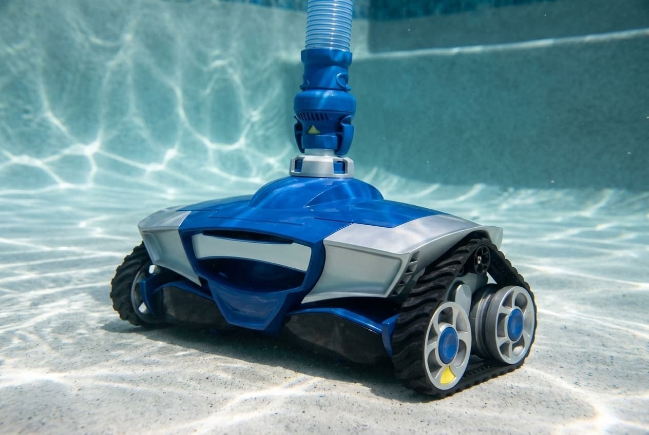 A wide tracked suction pool cleaner on a pool floor, a glossy blue body with silver-gray side panels, black treaded tracks around silver and blue wheels, and a blue flow regulator valve and light-blue hose rising from a silver collar