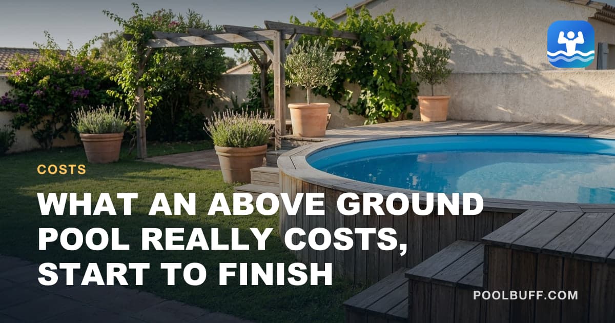 A round above-ground pool with a timber surround in a tidy suburban yard