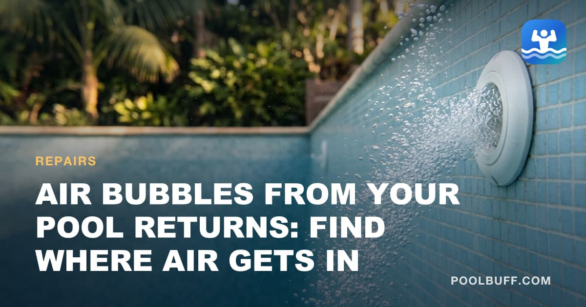 Close-up underwater of a pool return fitting with a steady stream of fine air bubbles pouring out of it into clear blue water