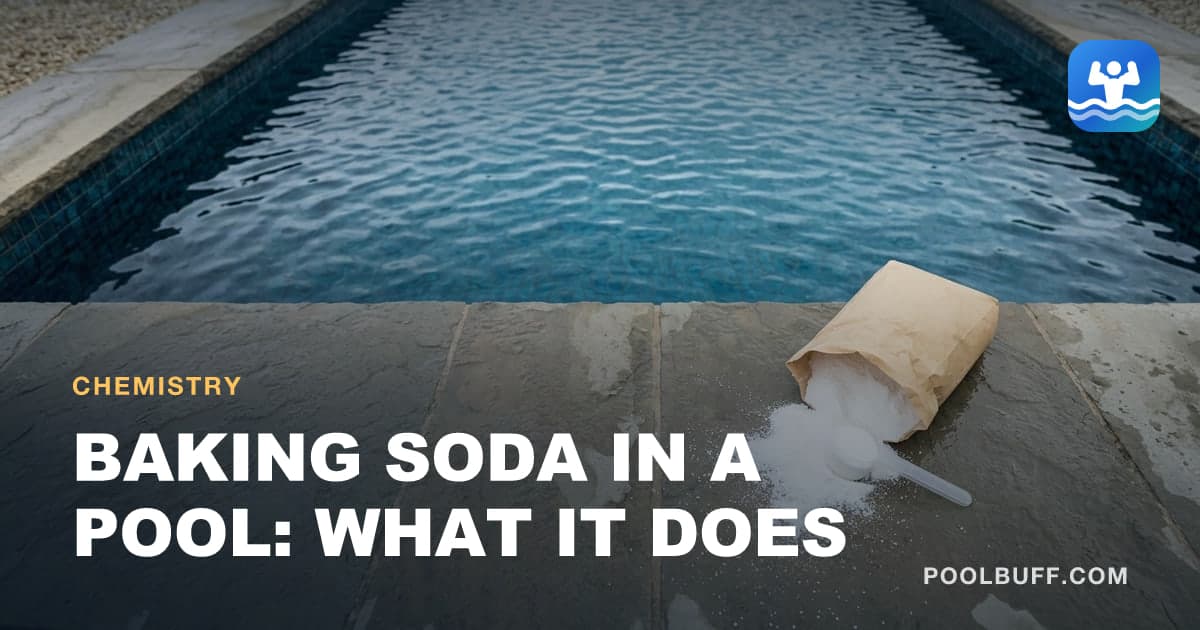 A tipped paper sack spilling fine white powder onto wet stone coping with a plastic scoop resting in it, pool water beyond