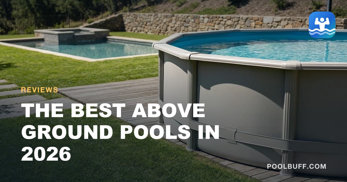 A round above-ground pool with a steel frame and wide top rail standing on a level lawn, the wall and uprights seen from outside the pool