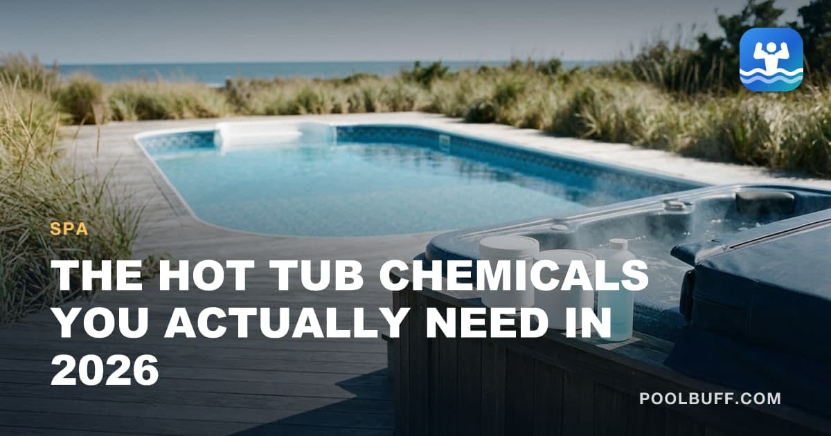 Plain white tubs and a strip bottle grouped on the edge of a hot tub cabinet, the cover folded back, steam lifting off the water behind them