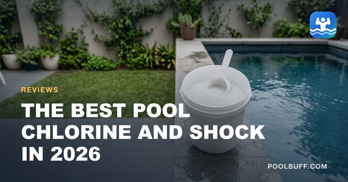 An open plain white tub of chlorine granules with a scoop standing in it on wet coping, the granules coarse and bright