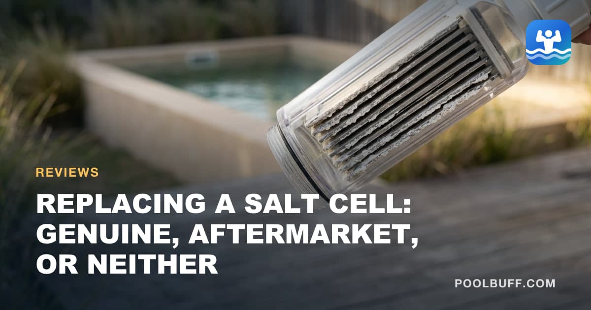 A salt chlorinator cell unbolted from its unions and held horizontally