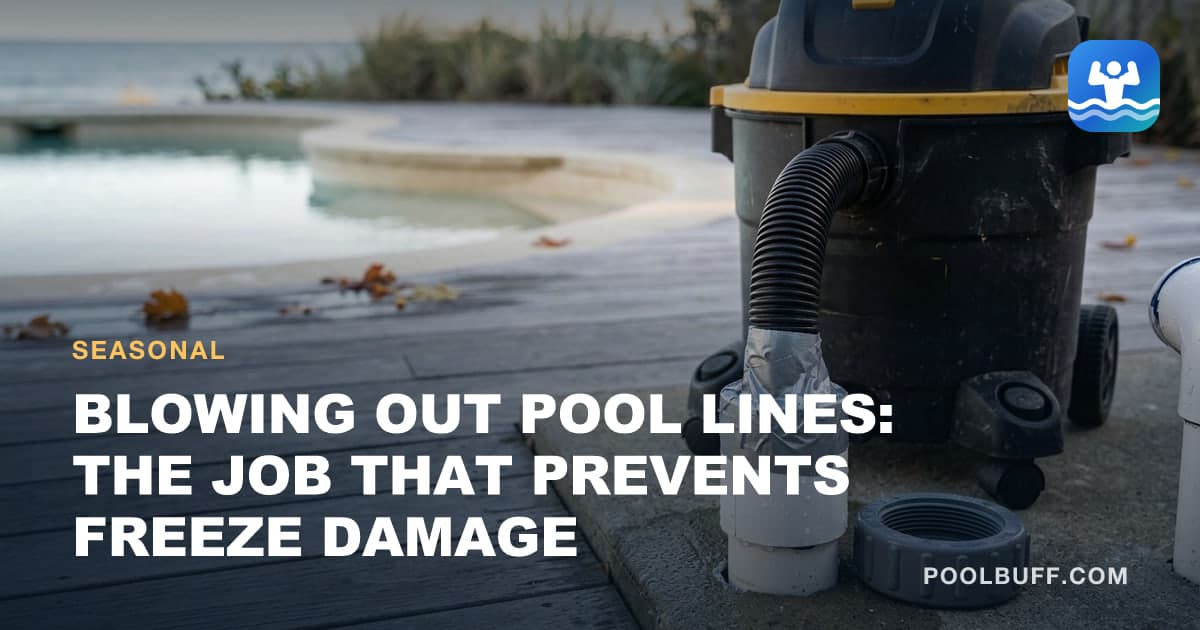 A shop vacuum standing on an equipment pad with its hose taped into an open pool pipe, the union nut loose beside it