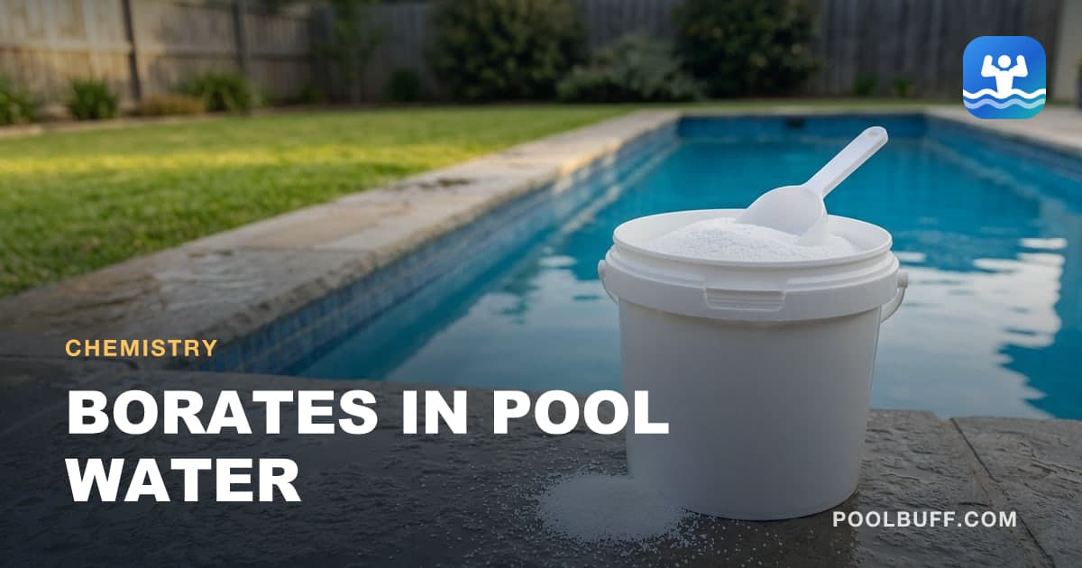 An open white pail of fine white granules with a scoop in it on wet stone coping, a small spill beside it, a long tiled lap pool and lawn behind