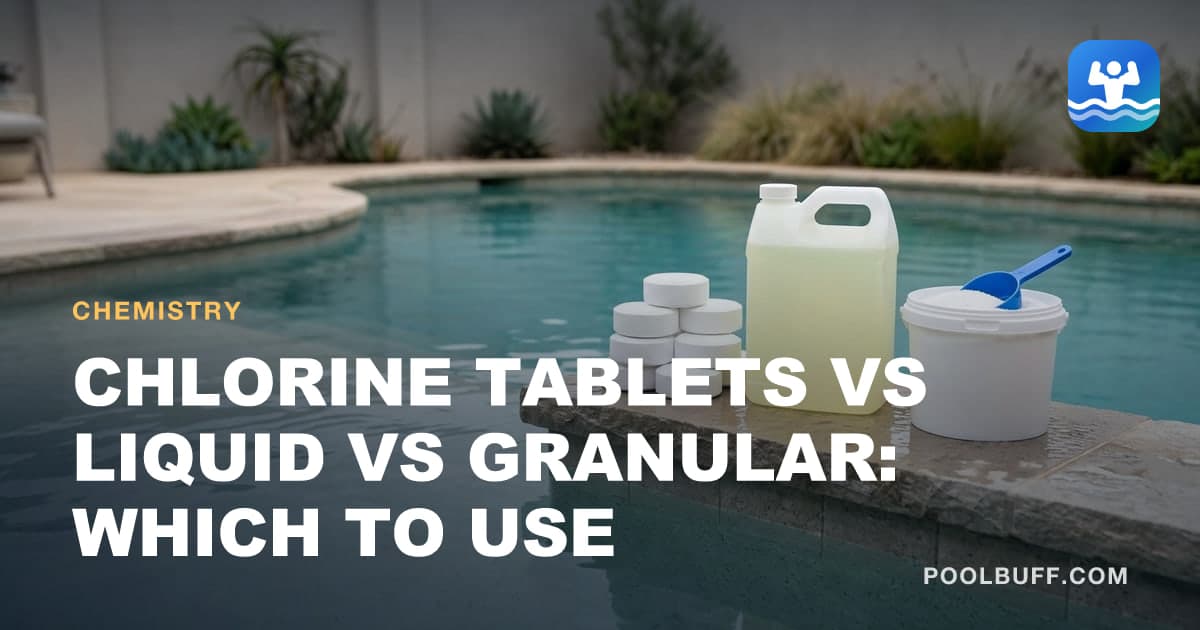 Three plain unbranded chlorine containers in one row on wet coping at the same scale: a stack of white tablets