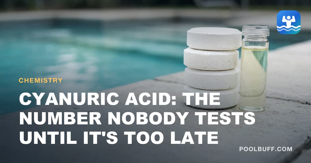 A stack of stabilized chlorine tablets beside a test vial of pool water