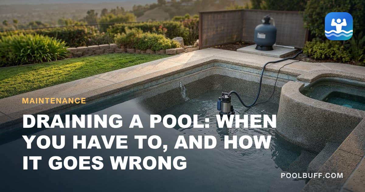 A submersible pump sitting on the floor of a partly drained pool with its discharge hose running up over the coping