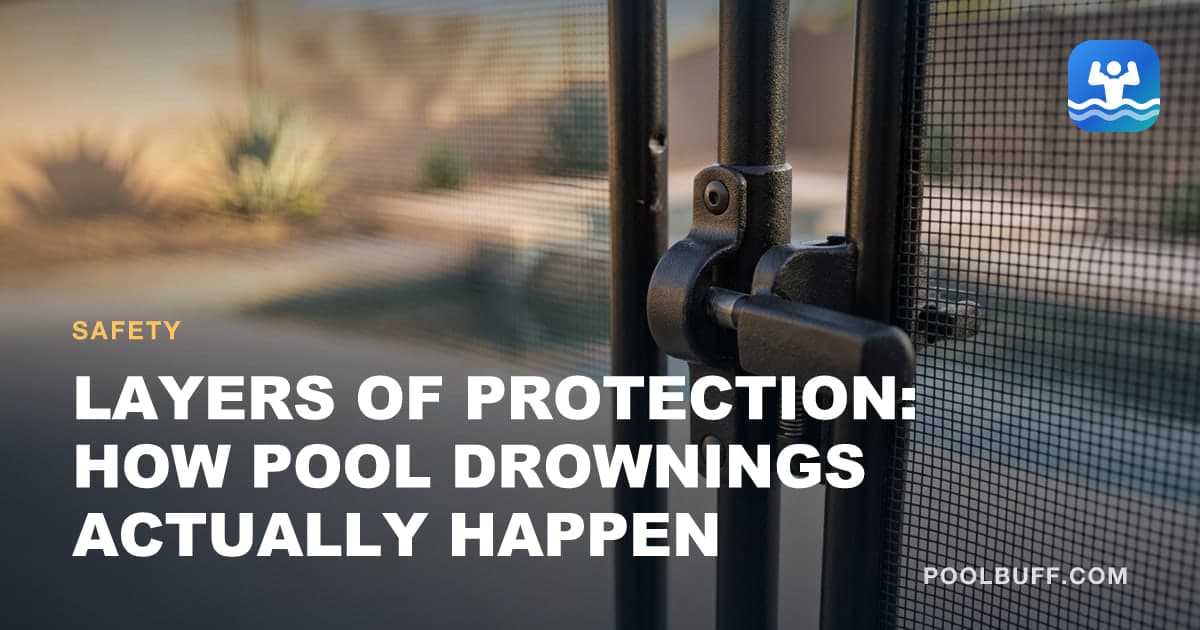 A mesh safety fence with a self-closing gate, the latch hardware, a calm empty pool visible behind it through the mesh