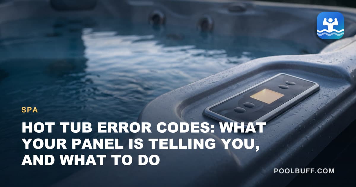A hot tub's control panel set into the wet gray lip of the shell at dusk, its small square display glowing amber beside four plain buttons, with the blue water and jets behind