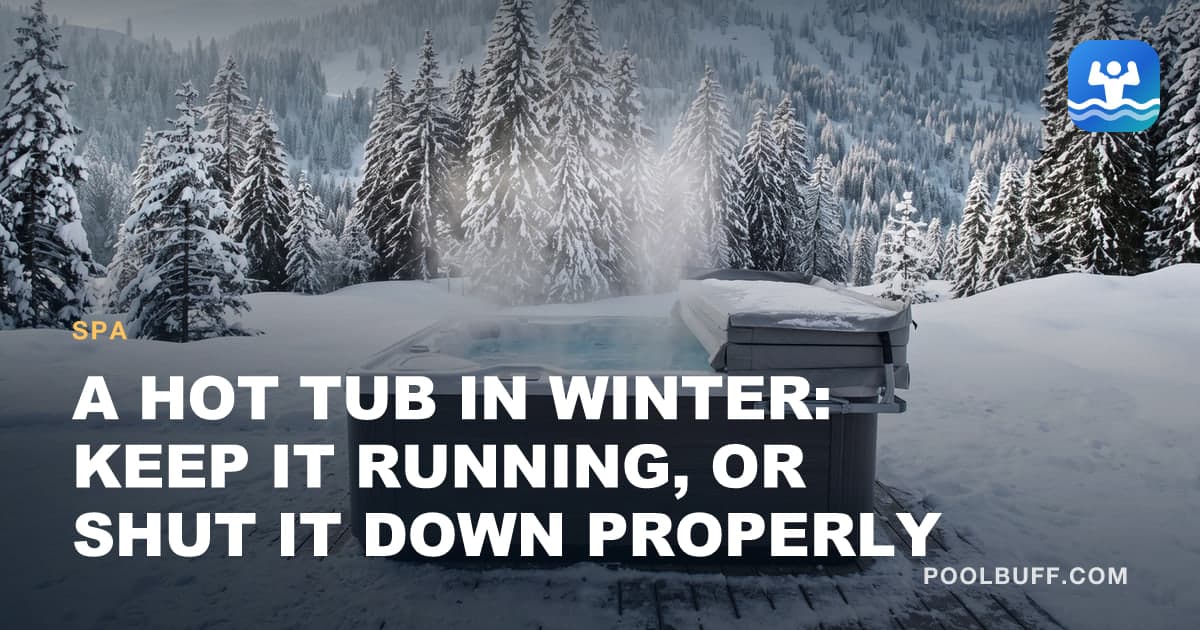 A hot tub on a snow-dusted deck, its gray cover folded back on the lifter at one end, steam rising off the water and snow-laden evergreens on the hillside behind