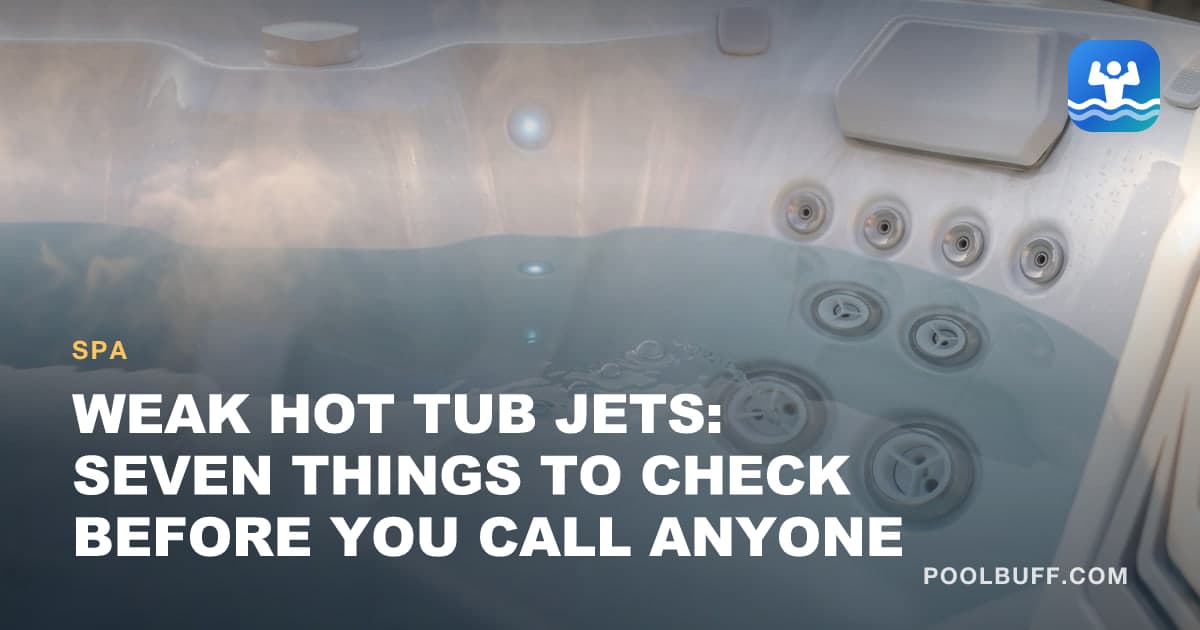 Steam over a hot tub in evening light, a weak stream and a trail of bubbles leaving one large jet below the waterline, more jets and a pillow on the wall above