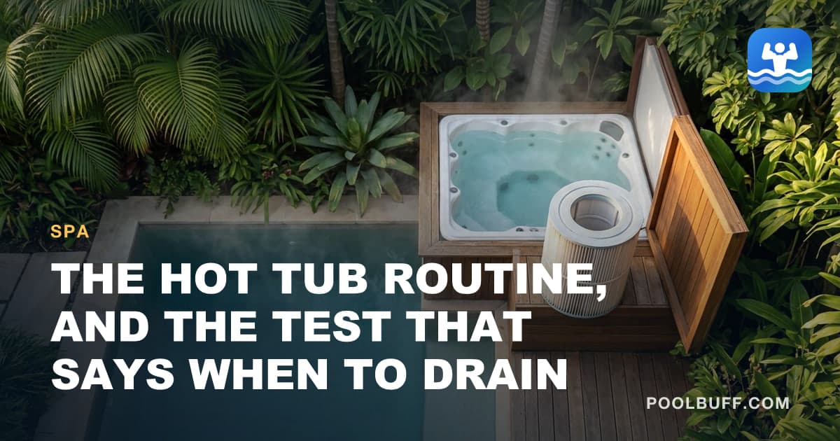 A hot tub filter cartridge lifted out beside an open hot tub cabinet