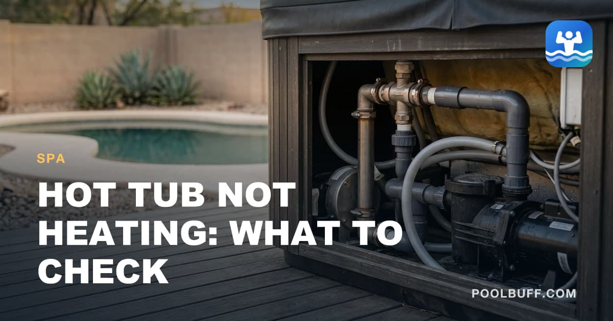 An open hot tub cabinet panel showing the pump, gray plumbing and unions inside the equipment bay, timber decking beneath