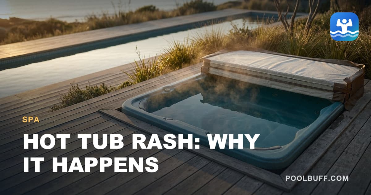 A hot tub set into timber decking with its cover folded back and steam lifting off still water, a pool and coastal grasses beyond