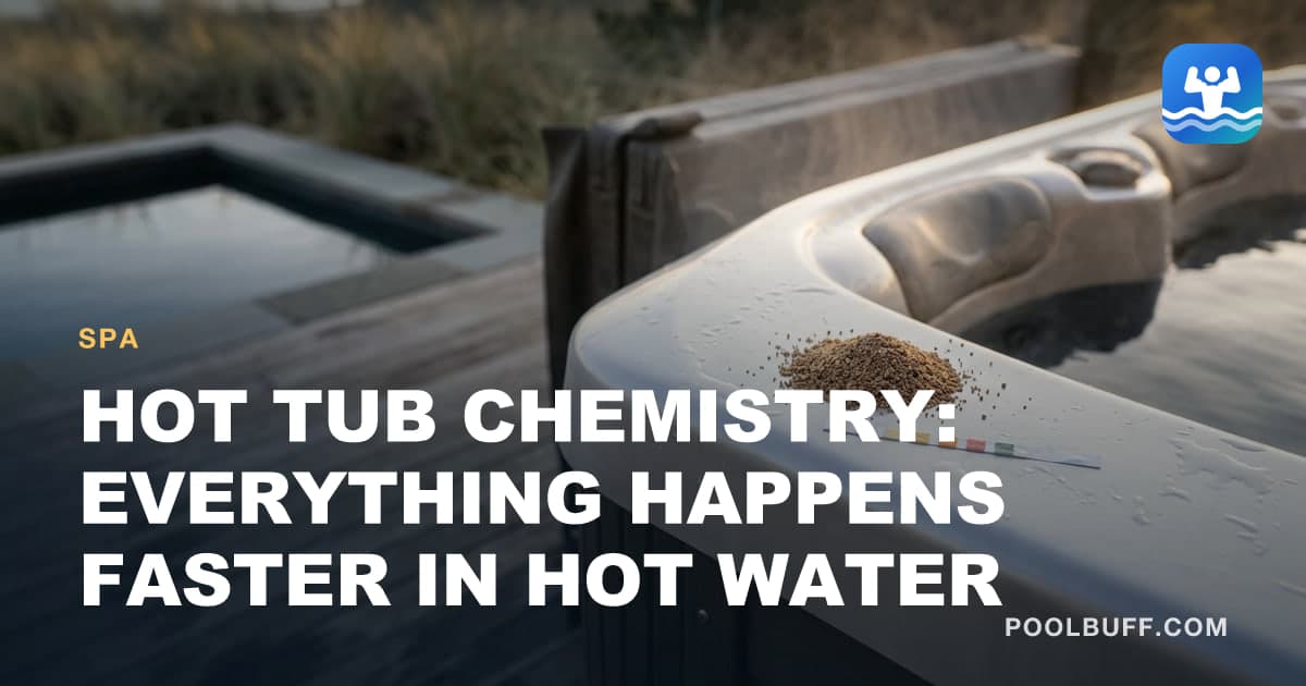Bromine granules and a used test strip resting on the flat acrylic edge of a cabinet hot tub