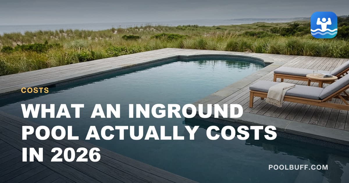 A large rectangular inground pool with stone coping and lounge seating