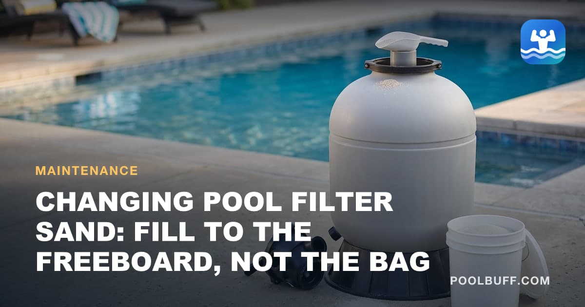A gray sand filter tank on its black stand beside a pool, the valve off and lying on the deck, a scoop of sand resting on the open neck and a white bucket of sand at its base
