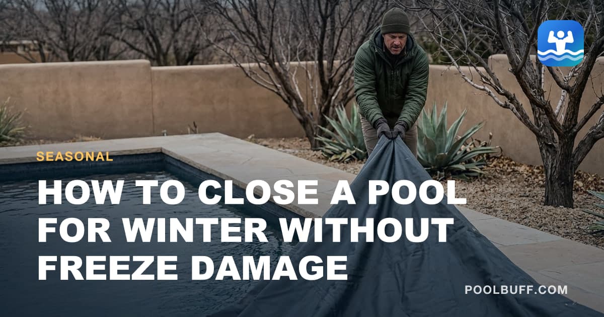 A winter cover being drawn over a pool with bare trees behind