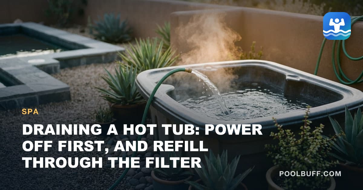 A garden hose refilling an empty hot tub shell