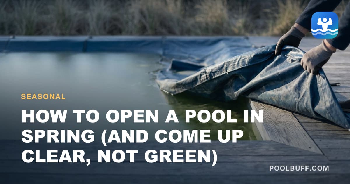 A cover being pulled back in spring to reveal cloudy green water