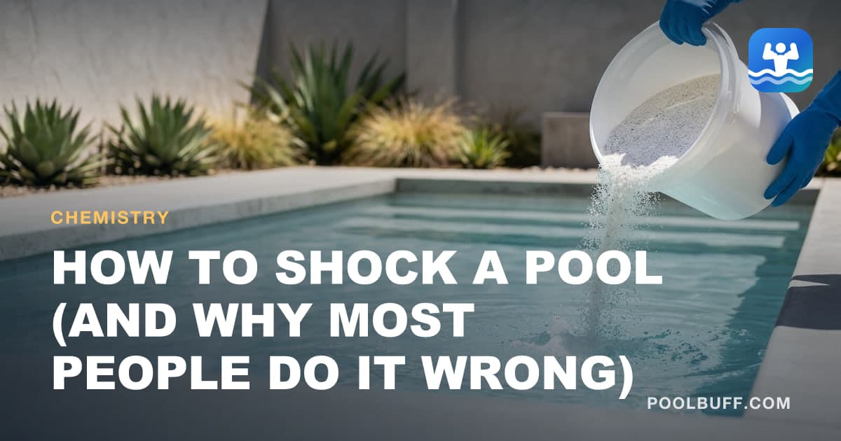A bucket of granular pool shock being poured into bright water