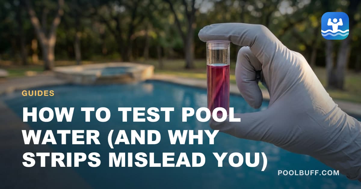 A gloved hand holding a clear test vial of pool water tinted deep pink
