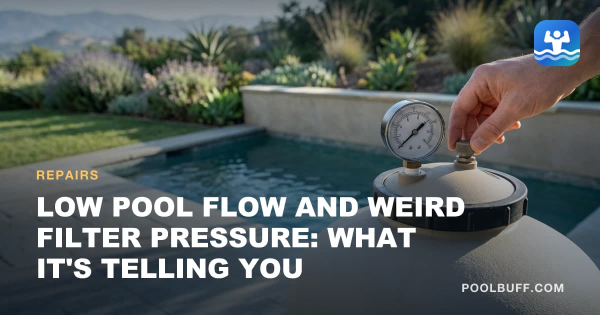 A round pressure gauge threaded into the top of a pool filter, a hand reaching toward the air relief valve beside it