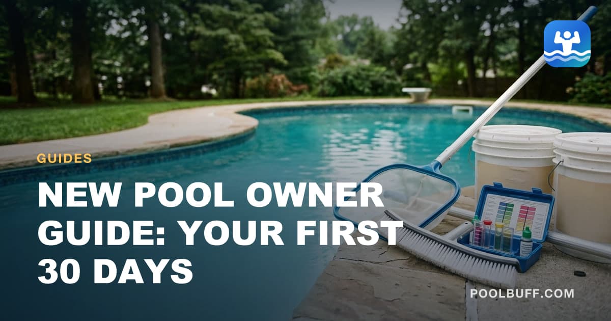 A skimmer net, brush, test kit and chemical buckets laid out on pool coping